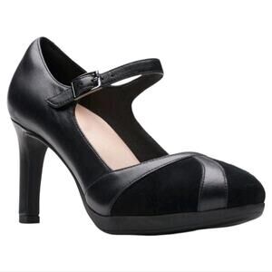 Clarks Women's Ambyr Black Leather Suede MaryJane Pump Heels Black Combi 10 New